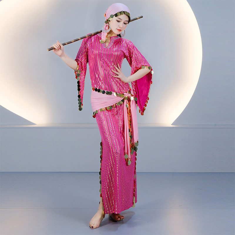 Costume de Danse Orientale Scintillant : Robe, Foulard et Foulard de Hanche (4 pièces) – Tenue de Scène Saidi Balady Shabby