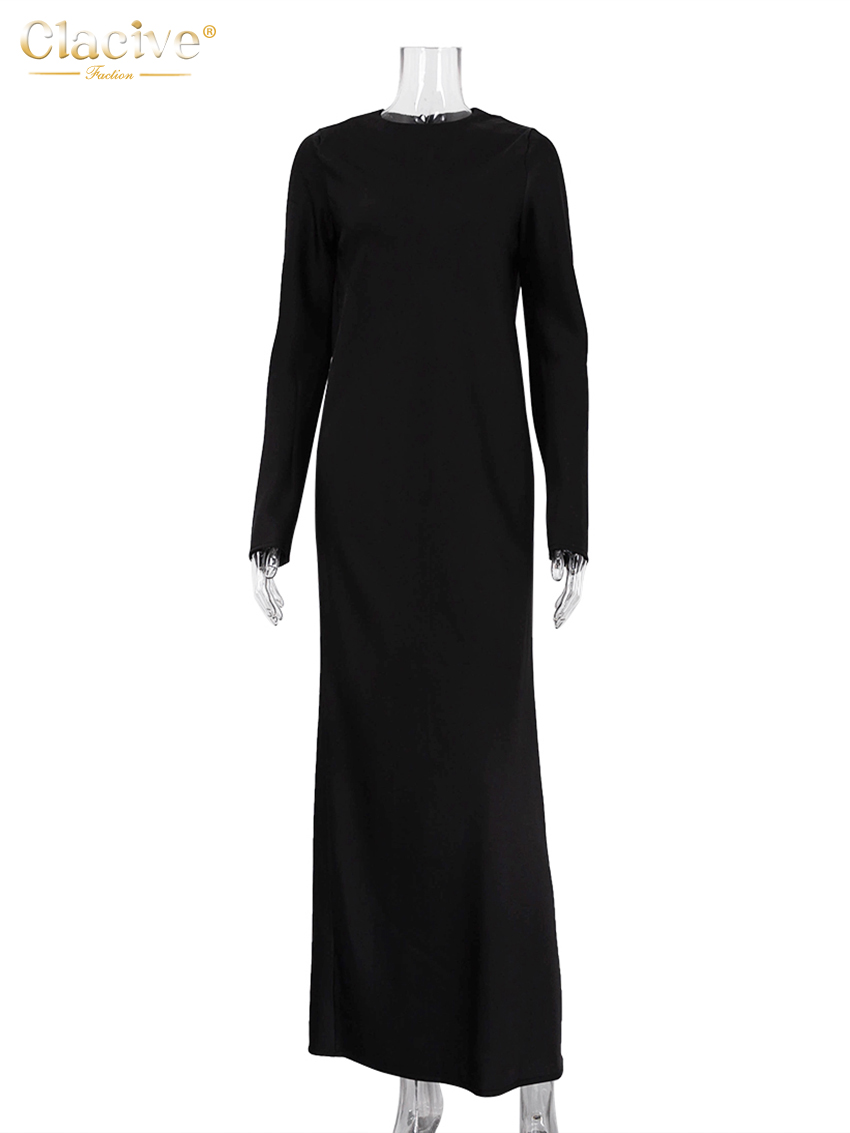 ClacMarkets-Robe en Satin Noir pour Femme, Tenue Décontractée, Col Rond, Manches sulf, Longueur Rinçage, Élégante, Classique, Couleur Unie, Mode 2023