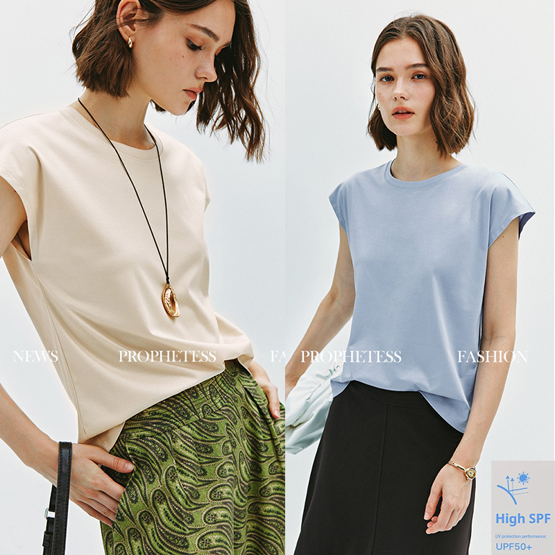 T-shirt sans manches en coton mercerisé 10% soie pour femmes, débardeur, sensation soyeuse, vêtements rafraîchissants d'été, col rond, haut de gamme