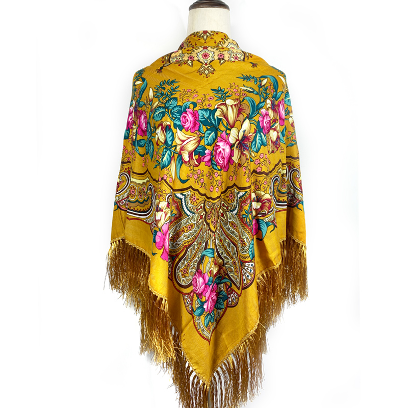 Foulard carré russe de luxe pour femmes, 140x140cm, imprimé Floral, châle, Bandana, ethnique, couverture à franges, mouchoir, Babushka