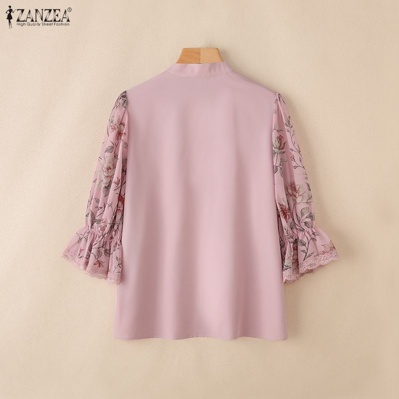ZANZEA femmes élégantes Blouses imprimé fleuri en mousseline de soie Patchwork hauts mode col en v 3/4 manches bouffantes dentelle garniture femme vêtements S-3XL