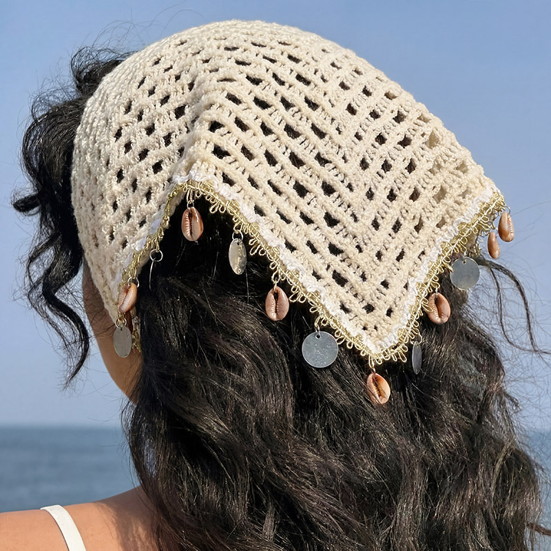 1 foulard bohème à sequins en forme de coquillage – Bandeau triangulaire ajouré pour un look bohème quotidien.