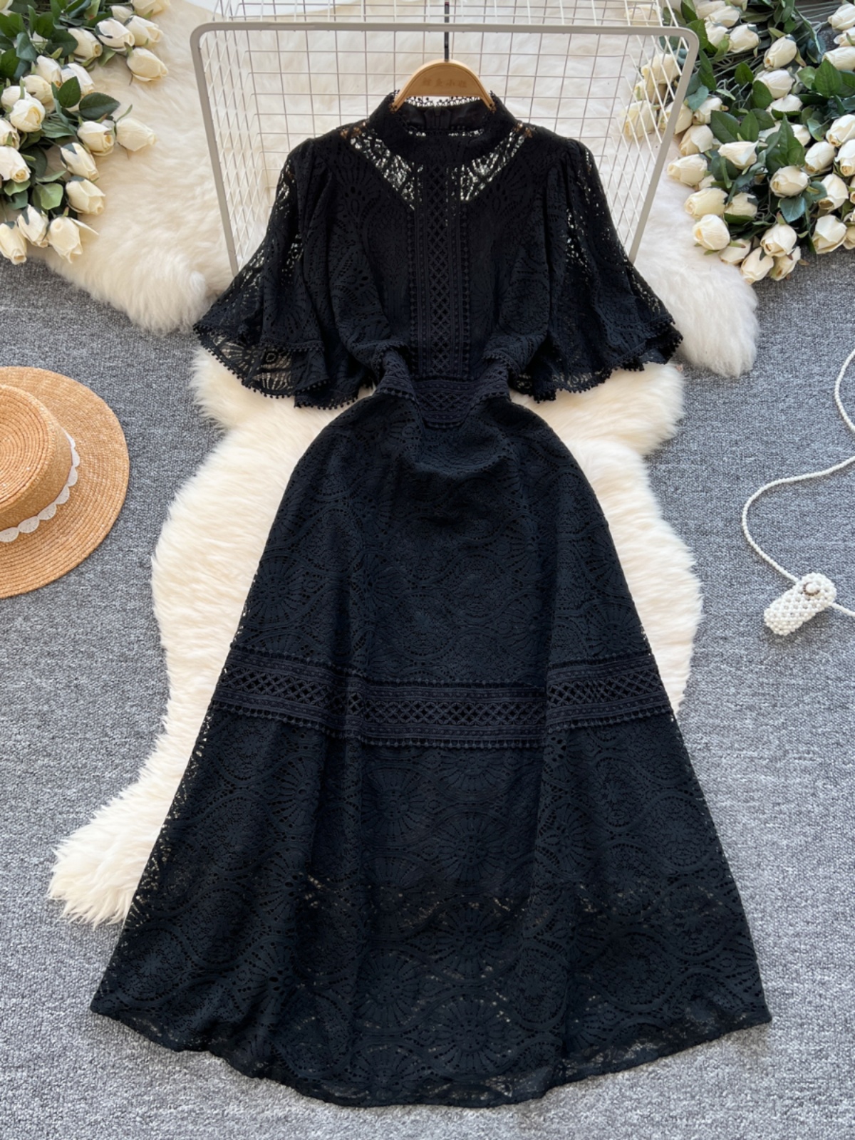Femmes Vintage Robe noire été creux broderie taille haute dentelle robes de soirée dames solide casual élégant longue Robe