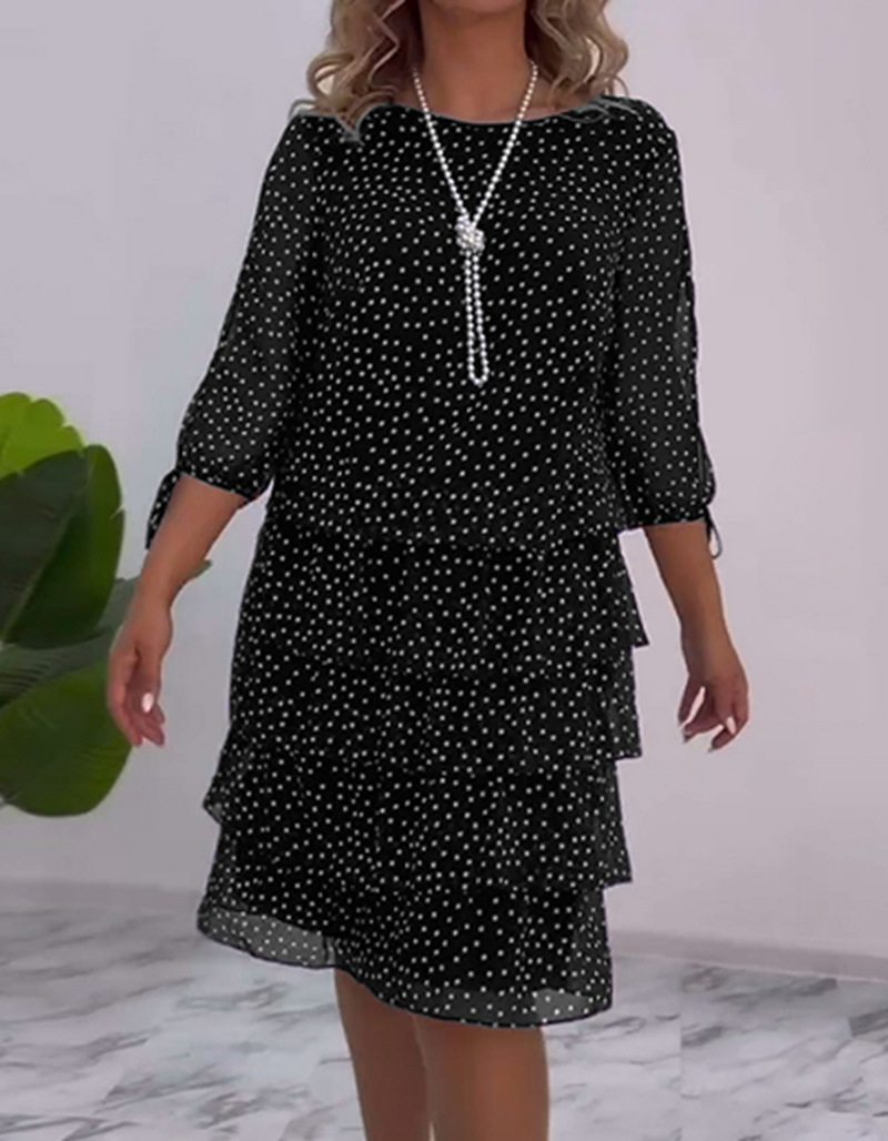 Robes femmes robe à plusieurs niveaux vague point imprimé col rond trois quarts manches mi-longue une ligne automne bureau dame robes