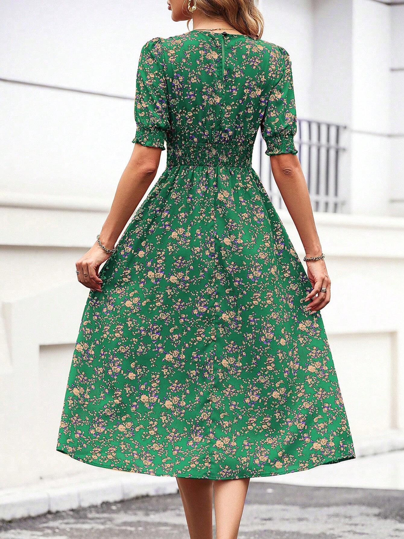 Robe à manches bouffantes à imprimé floral pour femmes, col rond, design à nouer à la taille, style bohème, tissu tissé, portable toute l'année