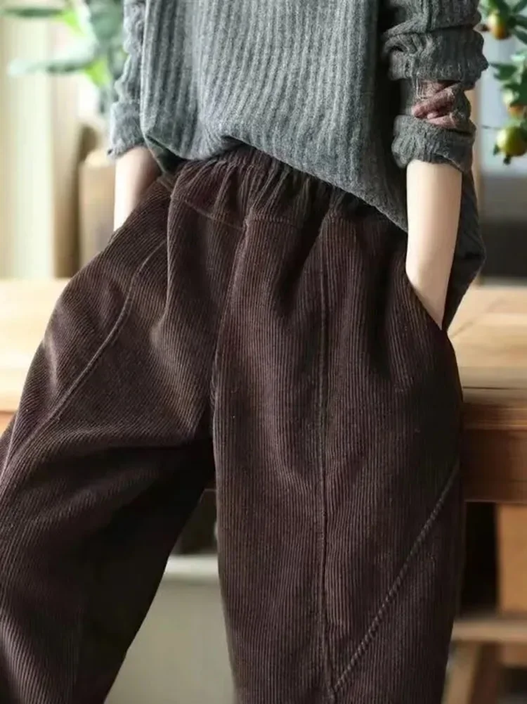 Pantalon décontracté en velours côtelé pour femme, taille haute, chaud, vintage, longueur de rinçage, jogging, mode, automne, hiver