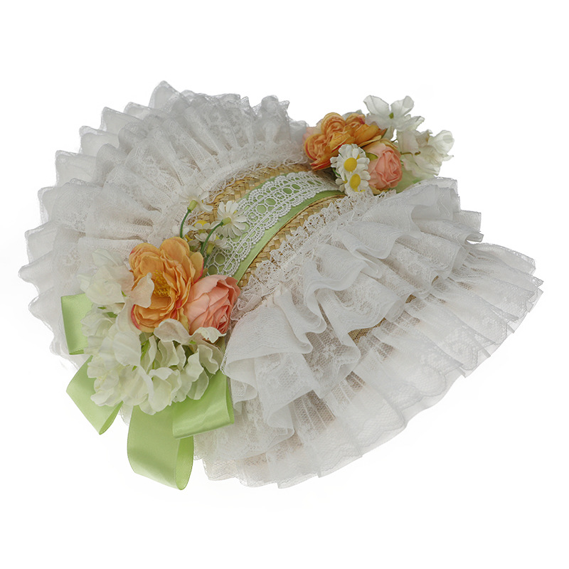 Chapeau plat Lolita en paille tressée élégante avec nœud floral, style pastoral, pour mariage, thé, fête, avec dentelle, style français éclatant, bonnet d'été, Gorra