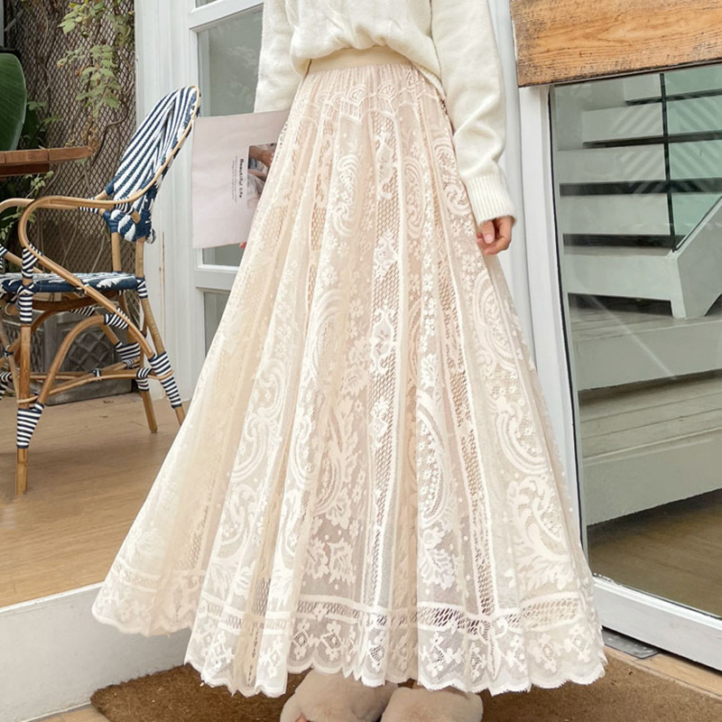 Jupes longues Maxi pour femmes printemps été coréen mignon Style princesse élastique taille haute a-ligne jupe en dentelle florale blanc noir