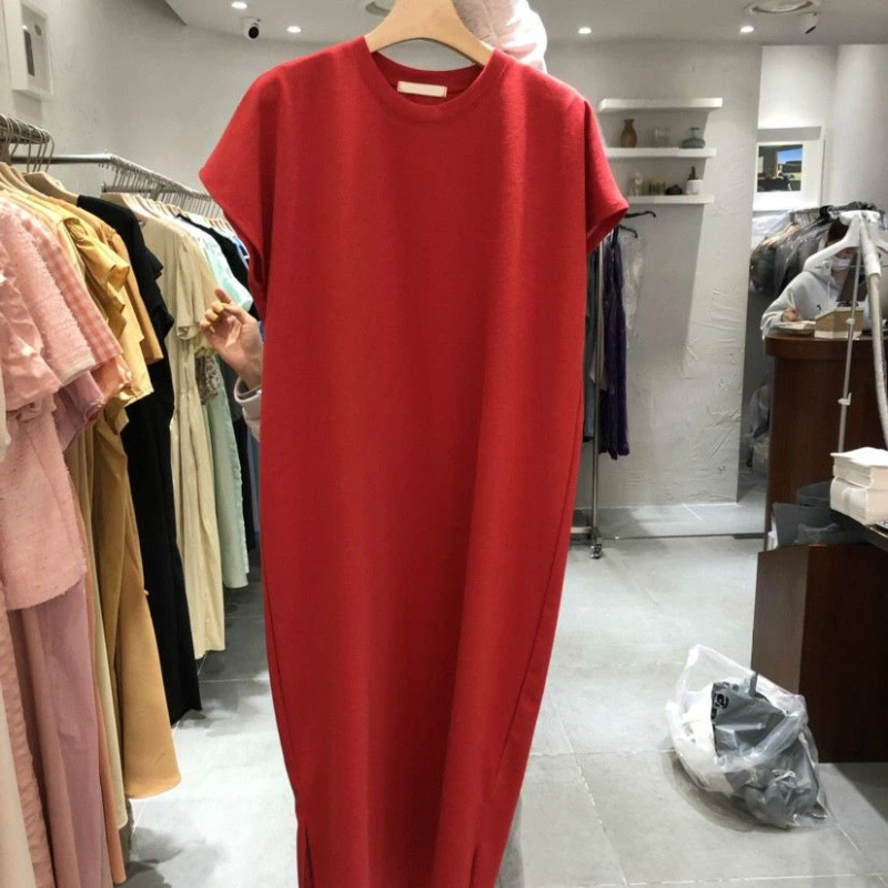 Robe T-shirt décontractée à manches courtes, col rond, coupe ample, couleur unie, style coréen, pour femme, été, mode, longueur midi