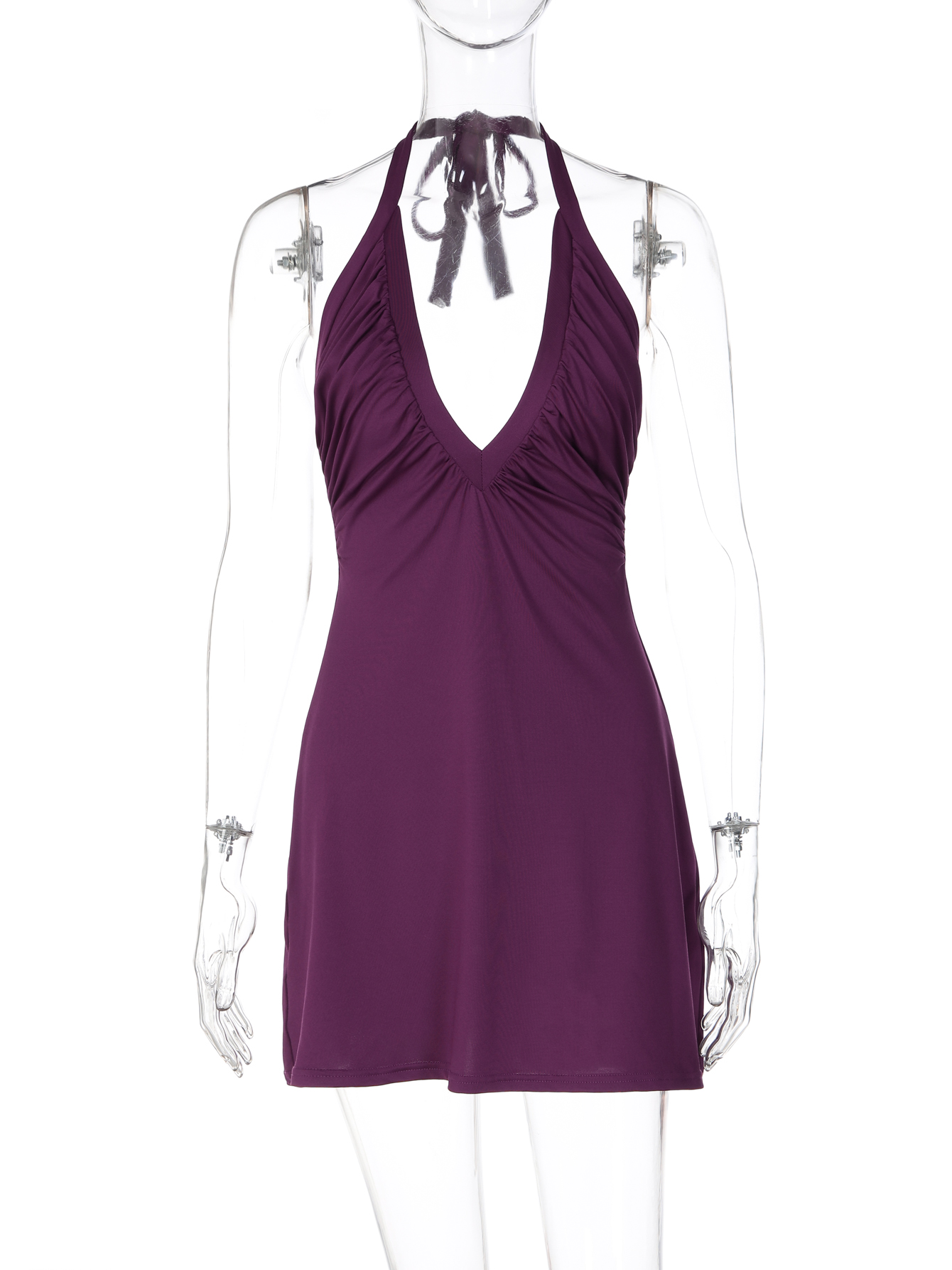 Robe courte moulante à col en V, dos nu, à lacets et plissée, pour femmes, unie, sexy et élégante, idéale pour les soirées, les bals, la plage et les tenues estivales.