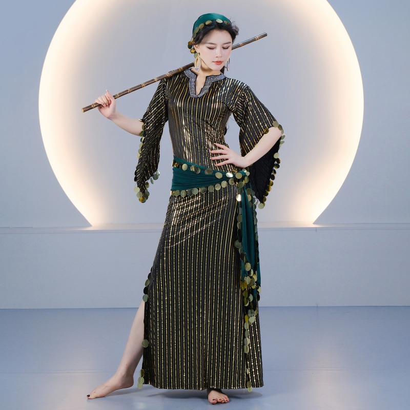 Tenue de danse orientale personnalisée, robe égyptienne, costume de danse folklorique Saidi avec cannes en rotin, broderie de sequins et rayures, pour femme 5096