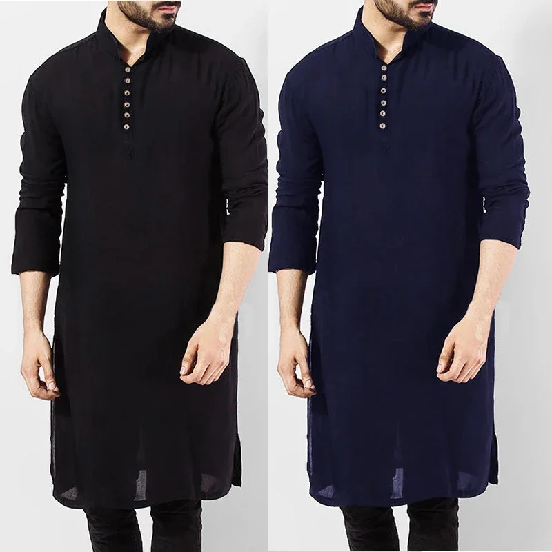 AgreLENMOS Chemise décontractée pour hommes musulmans Chemises à manches longues en coton col montant Vintage Long Y-Indian Vêtements pakistanais Ropa S-5XL