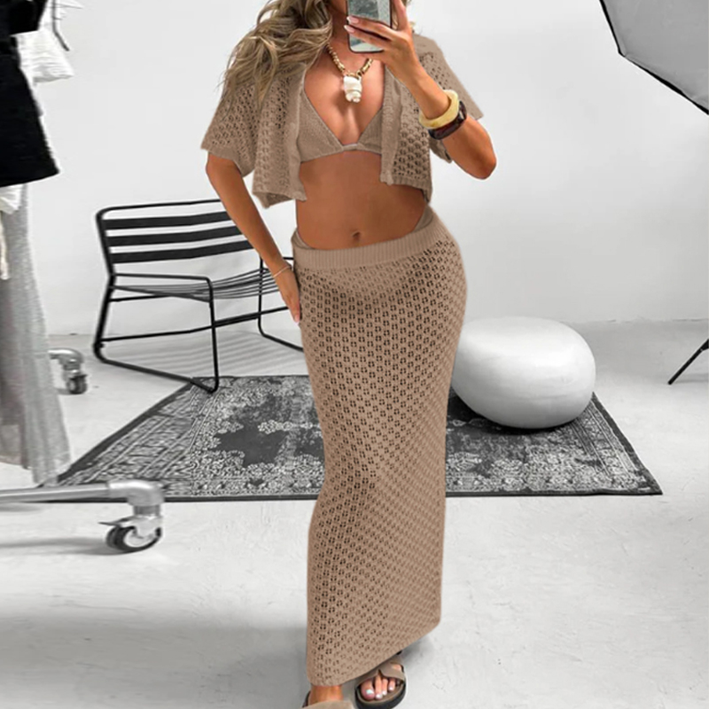 Femmes nouveau Style 2 pièces vêtements de plage couvrir couleur unie tricoté tenues ensemble vacances plage évider crème solaire haut jupe costume