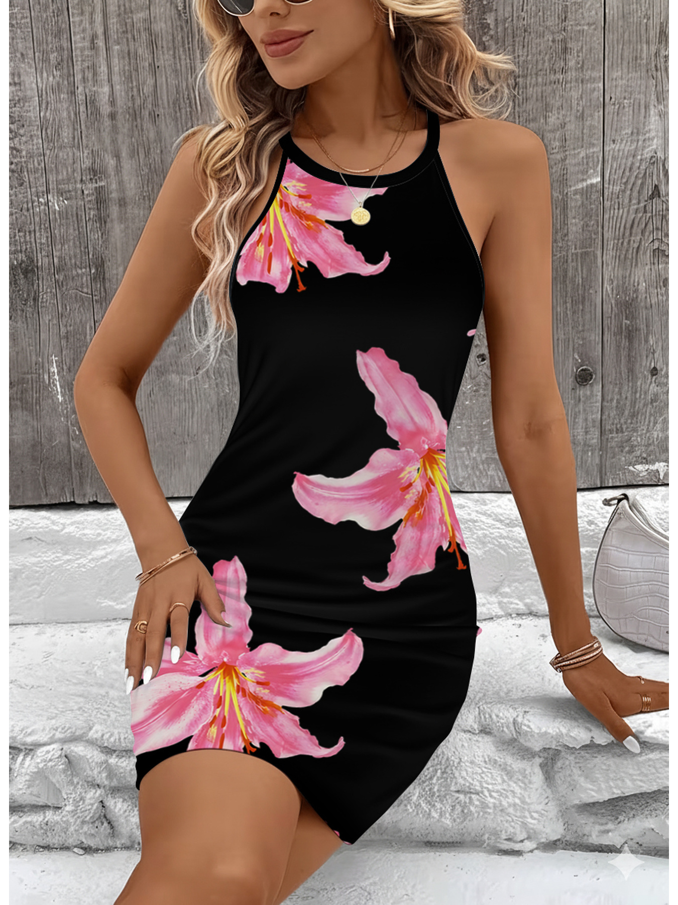 Robe d'été décontractée et élégante pour femmes, imprimé floral, col rond, sans manches, jupe mi-longue