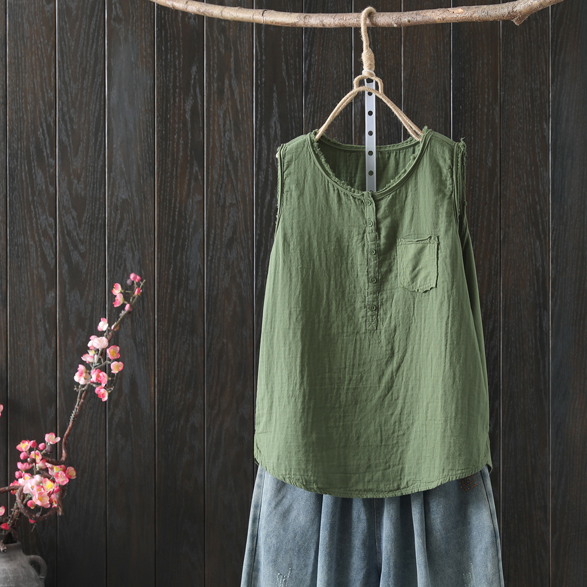 Débardeur en coton pour femmes, mode japonaise, T-Shirts amples sans manches, hauts Mori Girl, chemises décontractées boutonnées, été