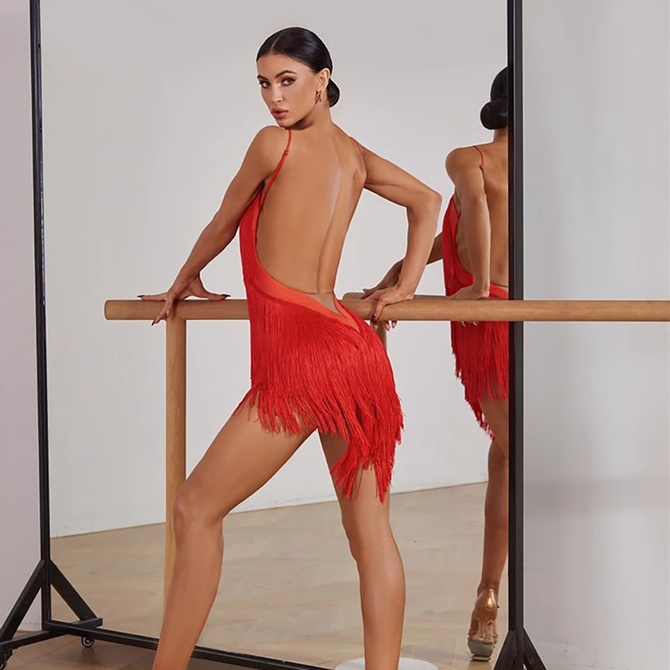Robe de danse latine sans manches pour femmes, dos Bae, entièrement à franges, pour Performance du ventre, robes de danse modernes, NY60 2420