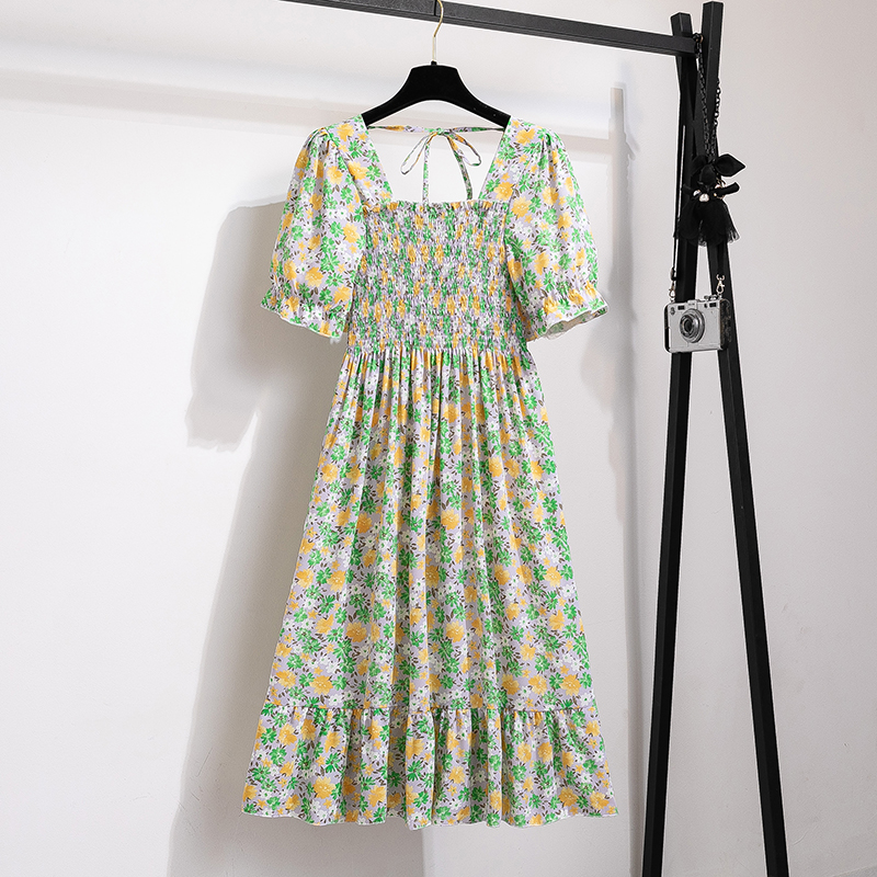 Robe d'été plissée en mousseline de soie pour femmes, tenue décontractée, plage, vacances, manches courtes, col carré, mi-longue, style bohème