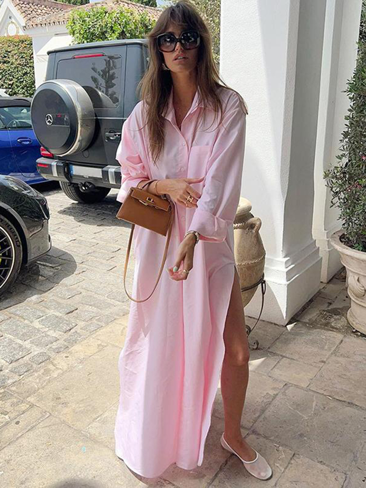 Robe chemise élégante à manches longues pour femmes, simple boutonnage, revers, coupe ample, décontractée, fente Maxi, Style français, Boho Chic, été