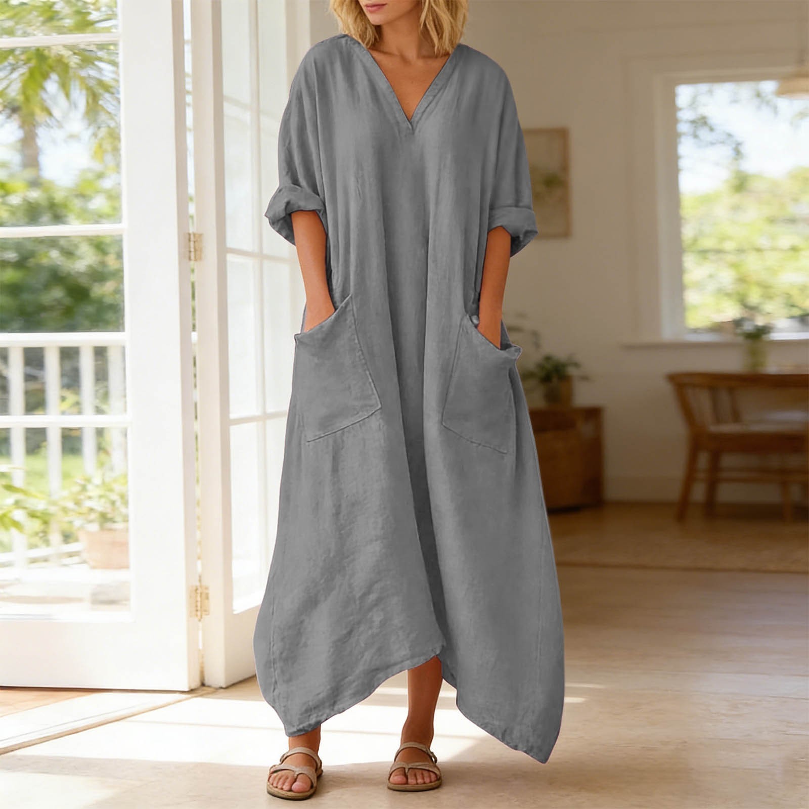 Robe d'été décontractée surdimensionnée pour femmes, col en V, manches 3/4, robes maxi avec poches, couleur unie, robe longue de plage pour les vacances
