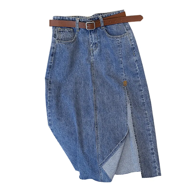Jupe en jean taille haute amincissante avec fente latérale pour femmes, robe polyvalente mi-longue en forme de A, nouvelle collection été 2023