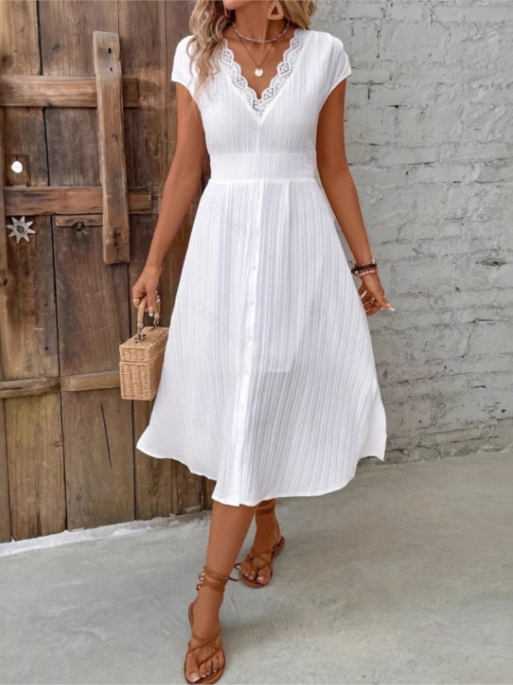 Robe décontractée en dentelle blanche pour femmes, mode, manches courtes, col en V, taille haute, robes amples, élégante, jupe de fête de vacances, été
