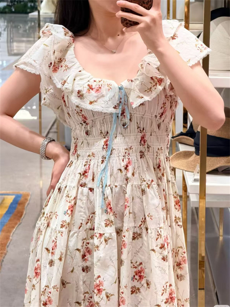 Robe longue plissée à imprimé floral pour femme, col à volants, manches volantées, taille élastique, 100 % coton, idéale pour les vacances