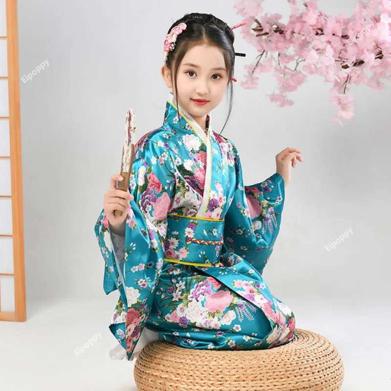 Robe kimono imprimée de fleurs de cerisier vibrantes, ensembles de kimono japonais pour filles, spectacles scolaires de cosplay traditionnels pour les élèves du primaire