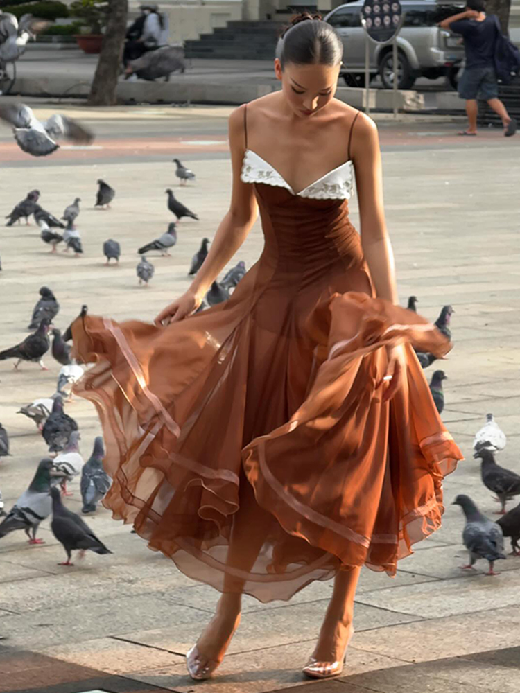 Robe longue en mousseline pour femme avec ourlet en dentelle, sans manches, taille cintrée, ourlet asymétrique à volants, Robe de soirée formelle pour femme 2026