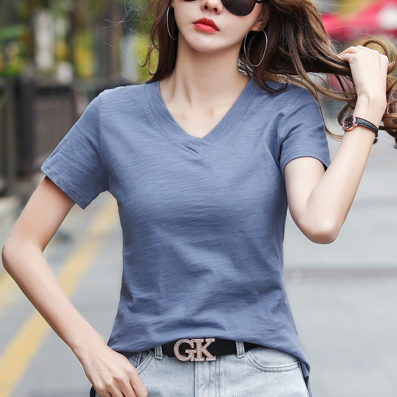 Nouvelle Collection Été 2026 – T-shirts amples pour femmes 100 % coton, col en V, ourlet fendu, manches courtes, hauts blancs slim tendance