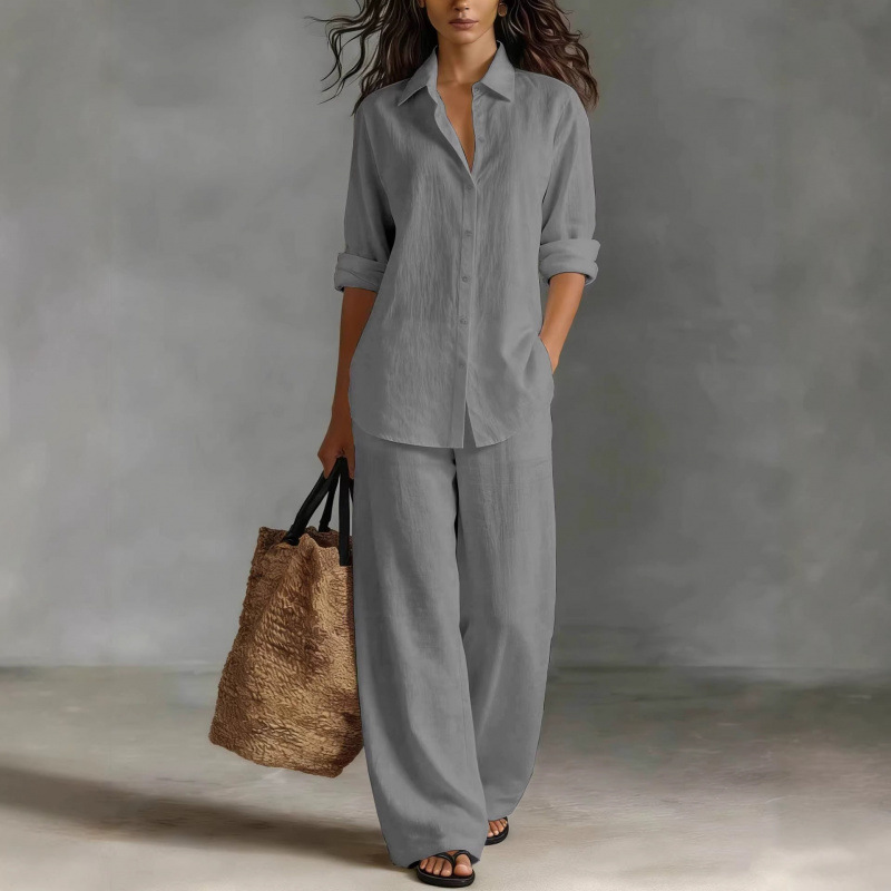 Ensemble de chemise en coton et lin à manches longues pour femmes, pantalon large en coton et lin pour le printemps et l'automne, ensemble de bureau 2 pièces pour femmes