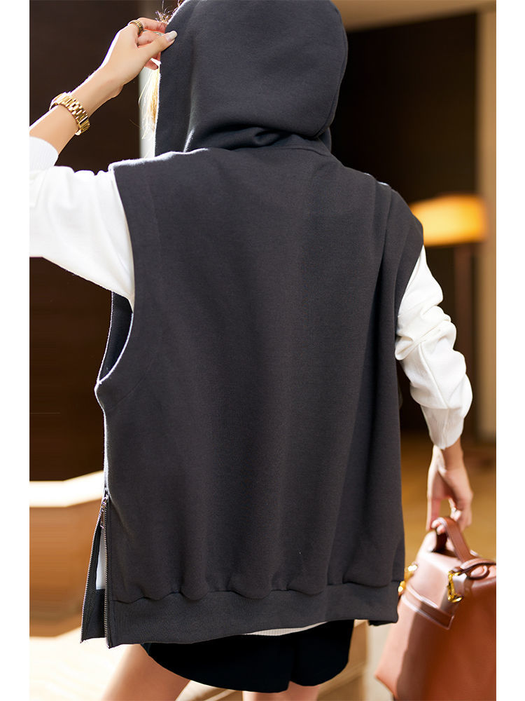 Manteau gris foncé à capuche avec fermeture éclair pour femme, manteau polyvalent, haut décontracté, vêtements tendance, mode coréenne, nouveau, automne, hiver, 2023