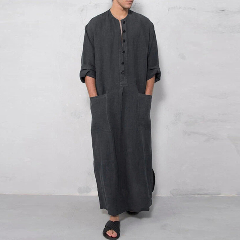 Robes musulmanes pour hommes, couleur unie, manches longues, poches en coton, boutonné, loisirs, Vintage, caftan arabe islamique, dubaï, nouveau