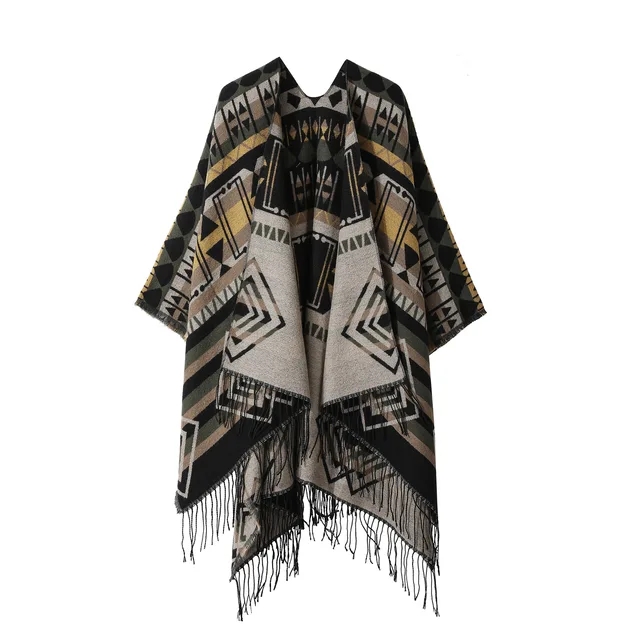 Écharpe de style ethnique vintage pour femme, poncho fendu, châle chaud, cape à pampilles en cachemire, manteau chaud Everak, nouveau