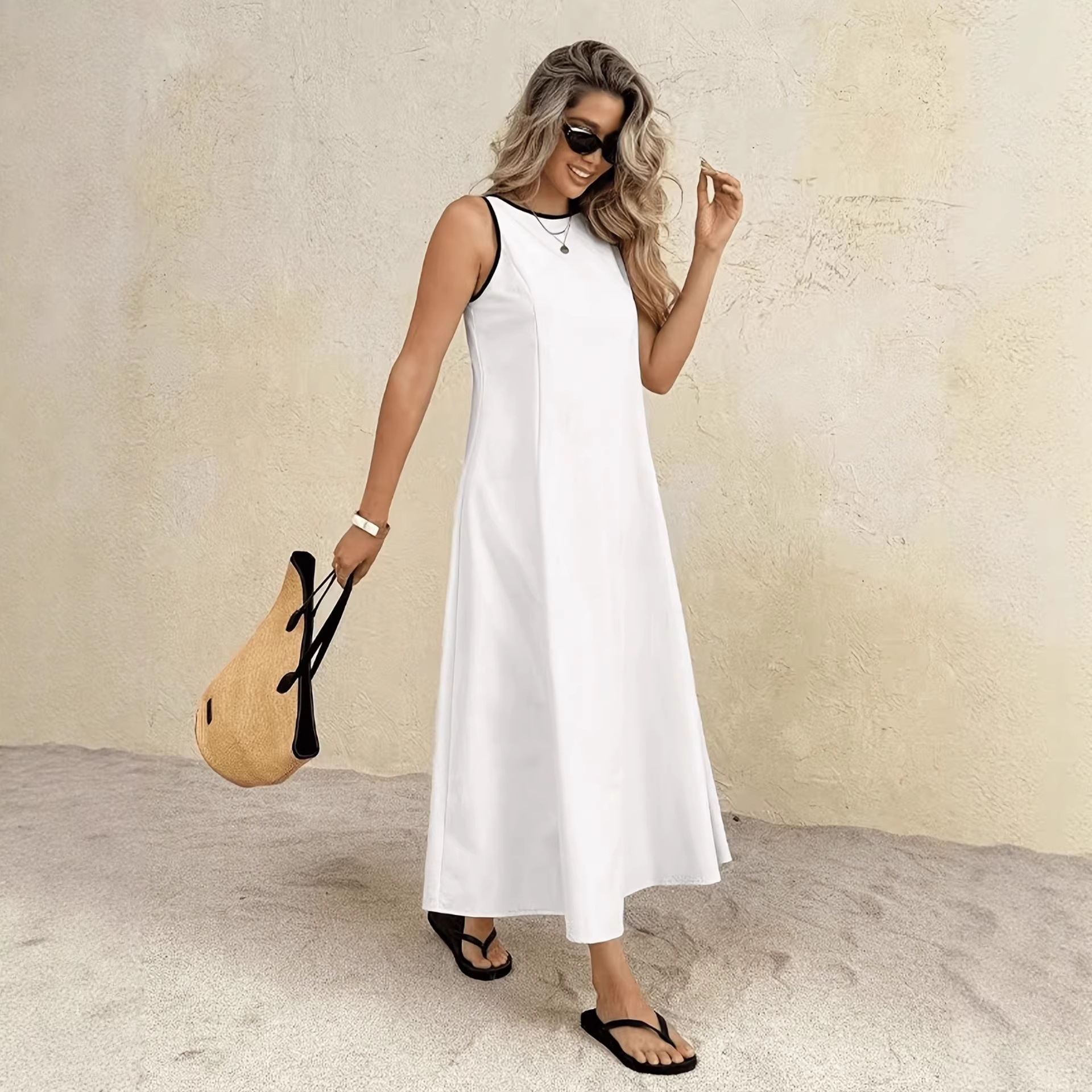 Robe longue décontractée unie de style européen et américain pour femme, nouvelle collection été