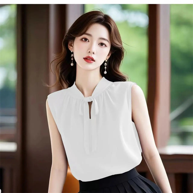Chemisier en mousseline de soie pour femmes françaises, gilet d'été pour dames, chemisier à nœud, gilet de haute qualité, couleur unie, chemises sans manches