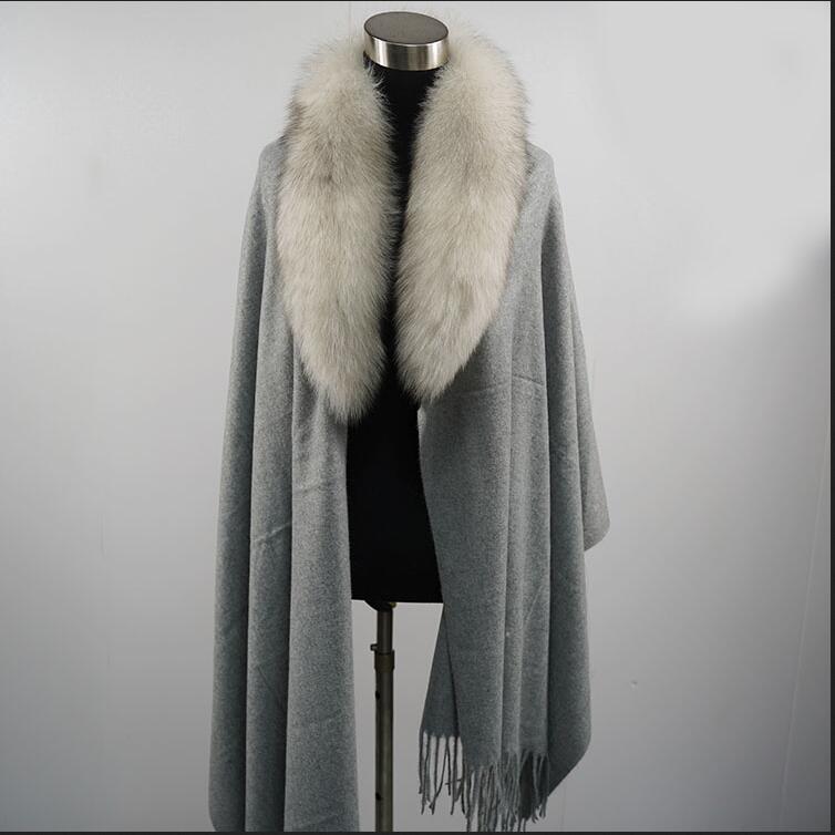 Écharpe de style long avec col en fourrure de renard véritable pour femme, châle moelleux, enveloppes d'hiver, 100% laine