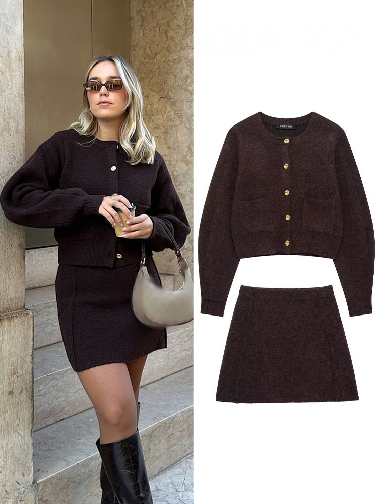 HH femmes jupe costume mode col rond tricoté à manches longues simple boutonnage poche Cardigan + taille élastique mince Mini jupe 3 couleurs