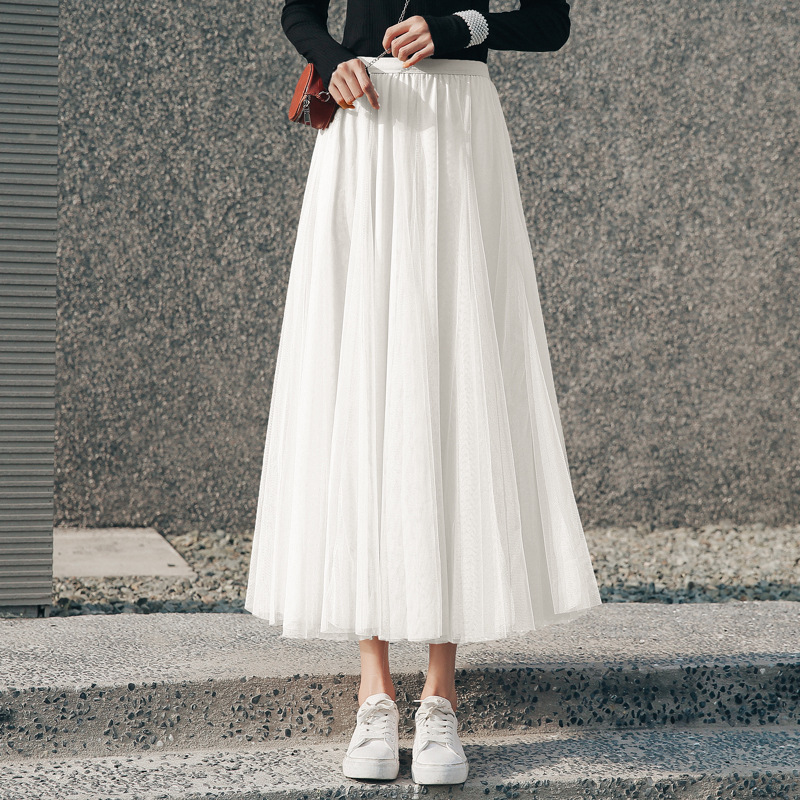 Jupe longue Tutu en maille élastique pour femmes, taille haute, mode coréenne élégante, plissée, blanc, noir, rouge, mi-longue, printemps été, 2026
