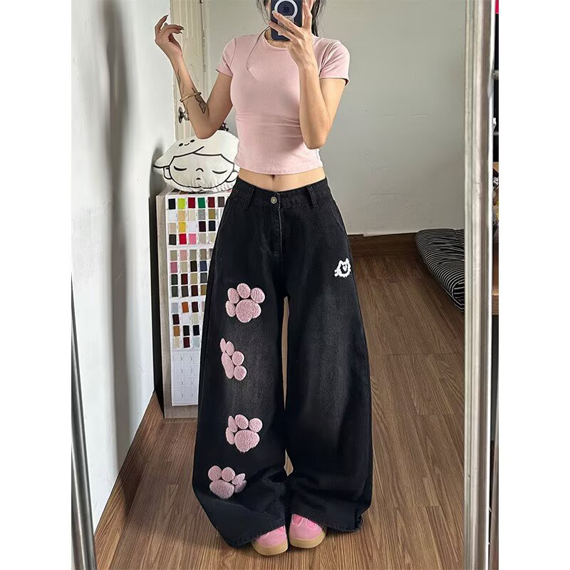 Jean baggy brodé bleu Y2K pour femme, style années 2000, pantalon boyfriend vintage Harajuku, jean oversize en denim pour l'été