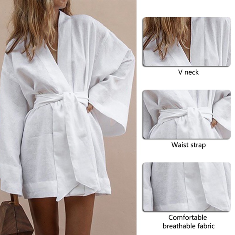 Mini robe kimono en coton et lin pour femmes, cardigan à col en V, manches longues, ceintures, style à lacets, robe éducative d'été