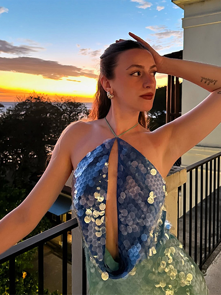 Robe Courte Sexy à Paillettes Brillantes pour Femme, Luxe, Bleu Vert, Patchwork, Dos Nu, Robes Courtes de Soirée, Robes Lumineuses pour la Plage