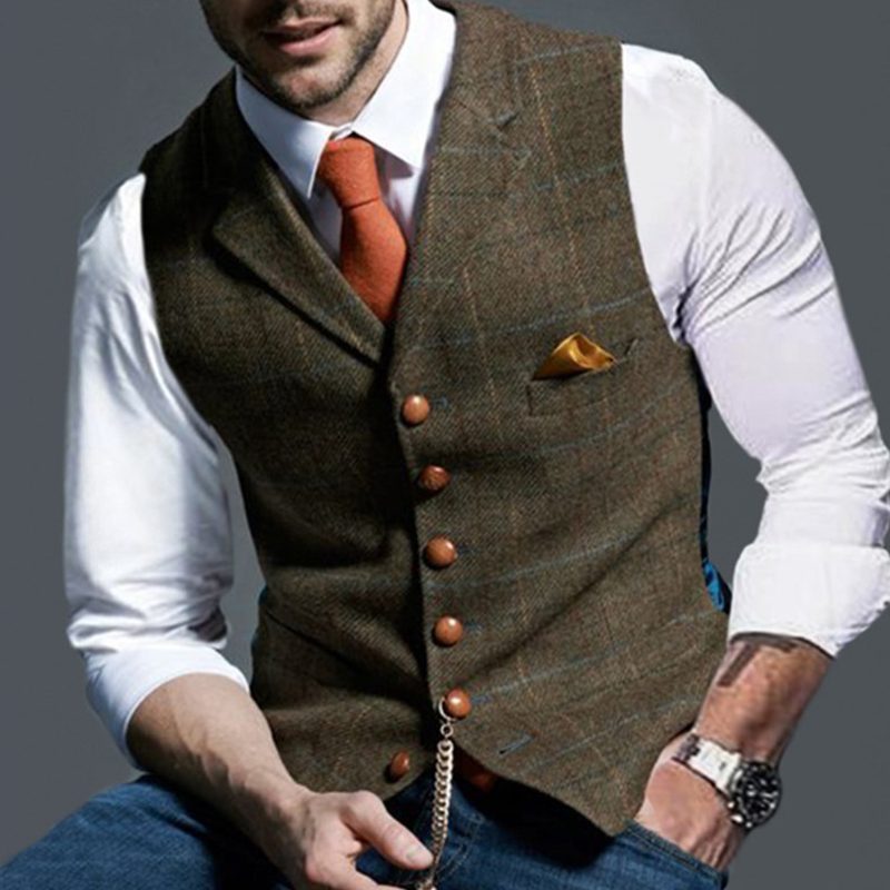 Mode hommes gilets revers Tweed Plaid col en v gilet coupe ajustée gilet affaires robe formelle costume décontracté mariage smoking mâle gilet