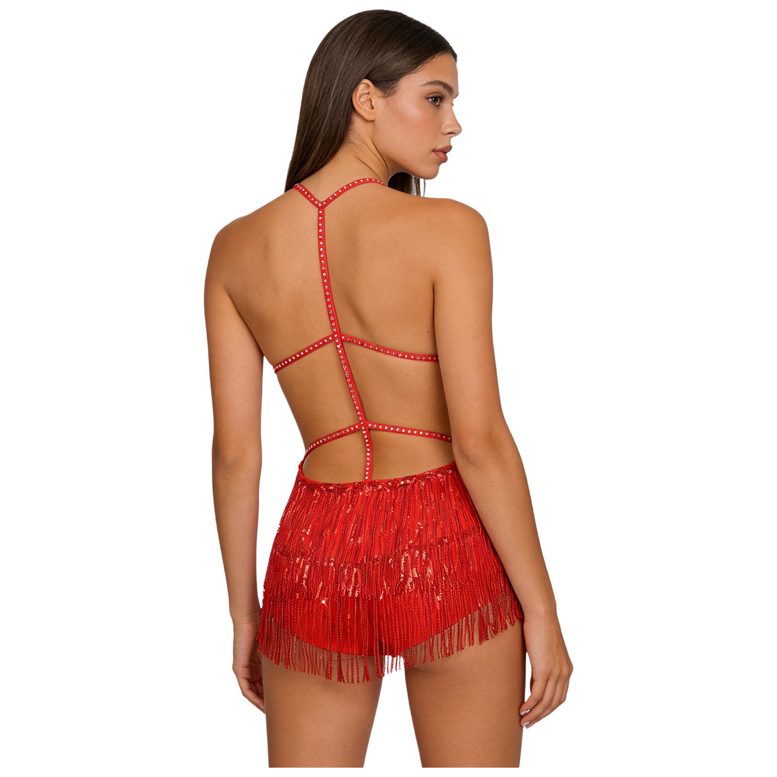 Costume de danse orientale pour femme, justaucorps à franges, robe de danse latine, combinaison à sequins et pompons, dos nu, pour Tango et Cha-cha