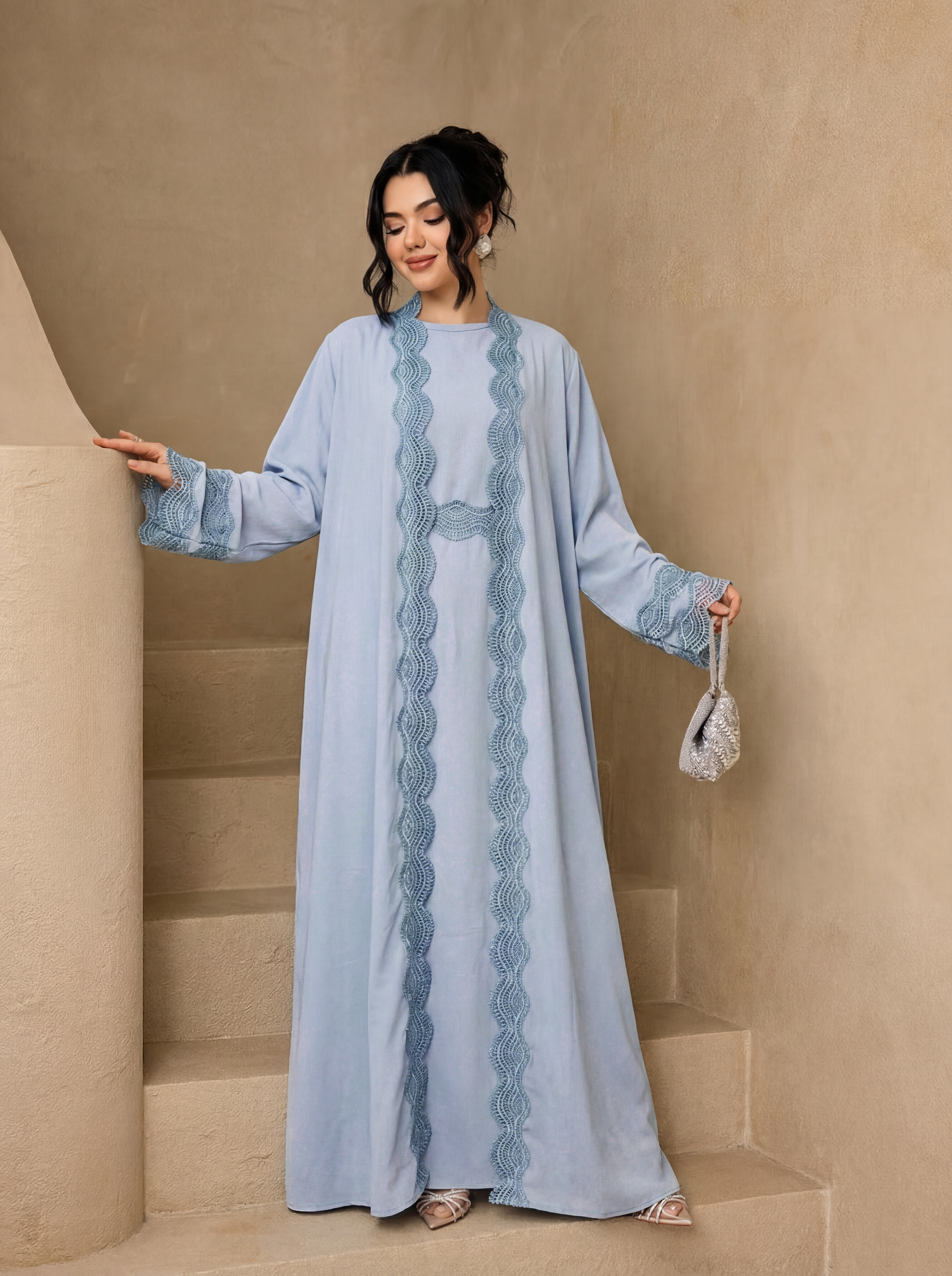 Ensemble Abaya 3 pièces avec ceinture et hijab, robe modeste à manches évasées pour femmes musulmanes, tenue quotidienne pour l'Aïd