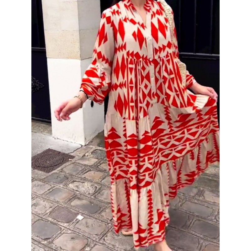 Robe longue plissée à manches longues pour femmes, imprimé Boho, mode dames, Vintage, Boho, plage, Maxi, été, 2024