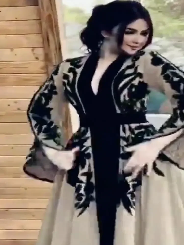 Robe de ramadan musulmane avec appliques, robe maxi de soirée élégante, col en V, manches évasées, taille nouée, robe trapèze à manches longues, printemps