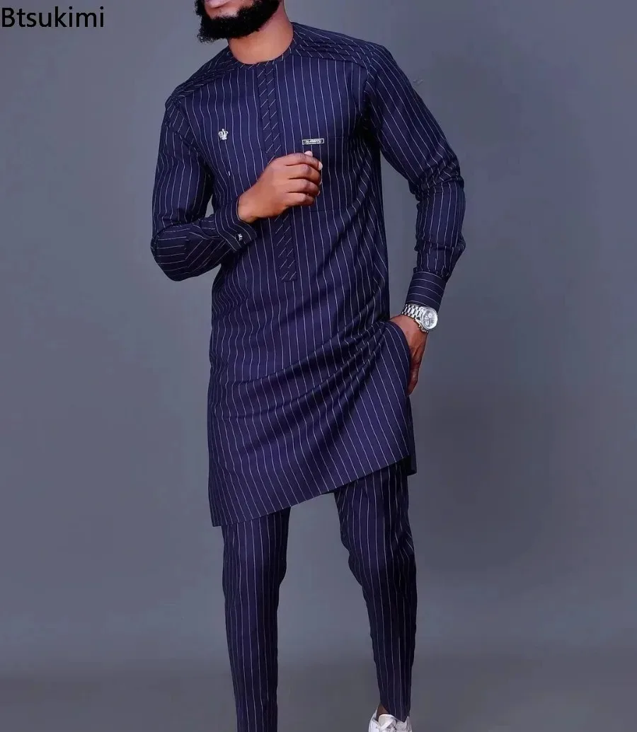 Ensemble Homme Tenue de Mariage Africaine Perles Manches Longues Haut et Pantalon Kaftan Vêtements Traditionnels Costumes Ethniques Décontractés Costume 2 Pièces pour Homme