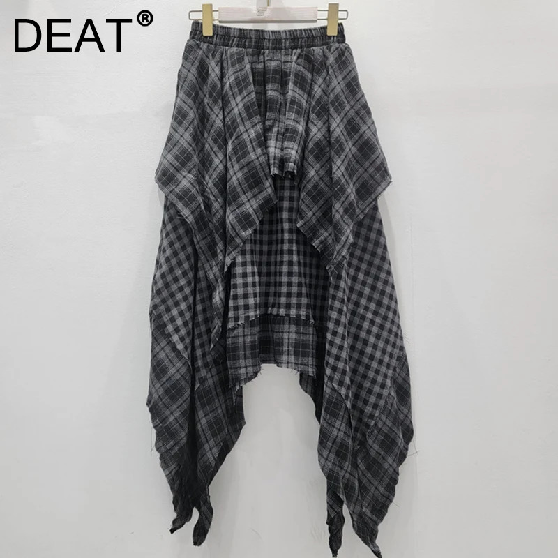 DEAT mode nouveaux articles irrégulier Plaid Patchwork plissé a-ligne jupes pour les femmes taille haute élastique mi-longue jupe 11A06244