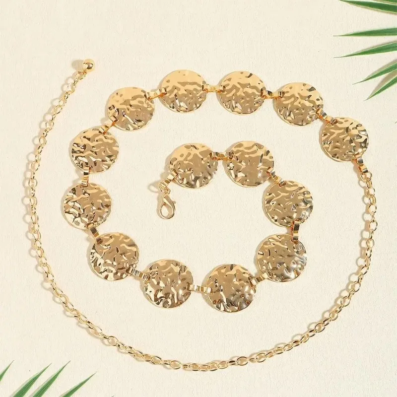 Femmes mode pendentif rond chaîne or décoré ceinture en acier inoxydable plaqué or bracelet Hip Hop accessoires chaîne ceinture