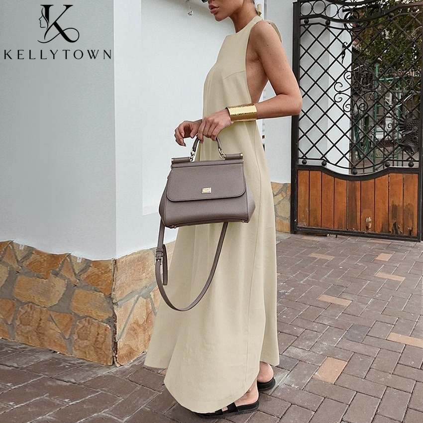 Robe longue d'été en coton et lin kaki pour femme, style français décontracté, dos nu, coupe trapèze ample, sans manches